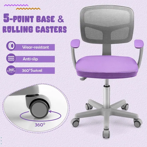Miniatura 4 de Silla de escritorio para niños, silla ergonómica giratoria para estudio con soporte lumbar, malla transpirable y ruedas universales, silla de Violeta