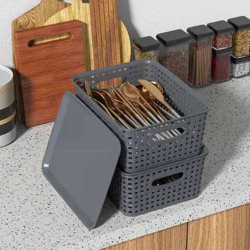 Miniatura 6 de Paquete de 6 cestas pequeñas de almacenamiento tejidas de plástico con tapa, canasta gris