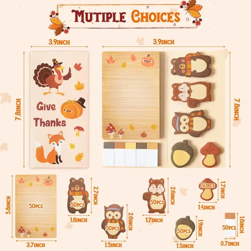 Miniatura 2 de Juego de notas adhesivas Fall Give Things, 550 hojas de notas autoadhesivas de Acción de Gracias, pavo, calabaza, zorro, búho, lindo bloc de notas
