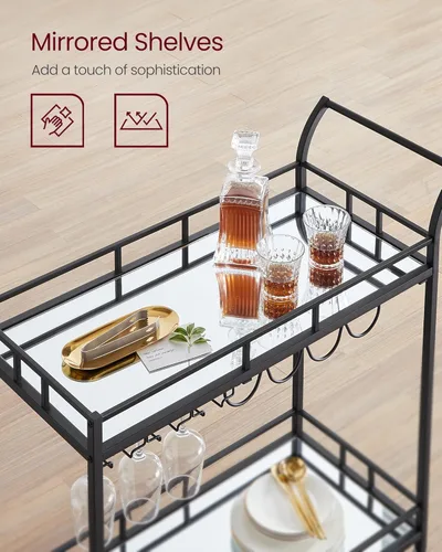Miniatura 4 de VASAGLE Carrito de bar negro, carrito de servicio para bar en casa, carrito de vino con 2 estantes espejados, soportes para vino, soportes