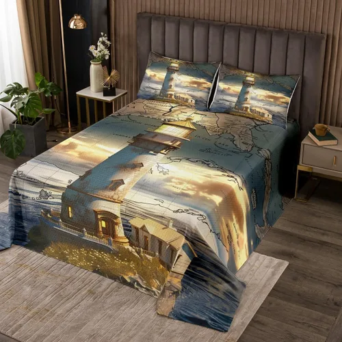 Miniatura 7 de Erosebridal Juego de colcha náutica, juego de edredón de lancha de vela, faro, acuarela con temática oceánica, juego de ropa de cama de verano