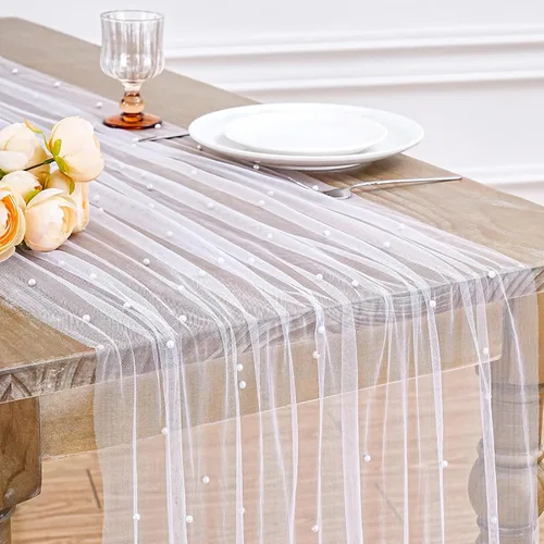 Miniatura 30 de LuoluoHouse Camino de Mesa de Perla para Centros de Mesa de Boda: Camino de Mesa de Perla de 10 pies, Decoración de Mesa de 29x120 Pulgadas de Tul