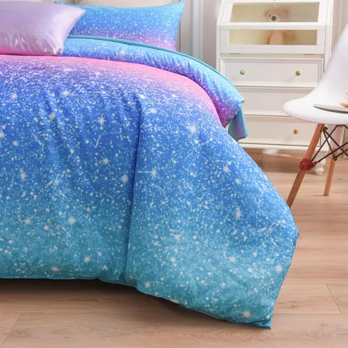 Miniatura 6 de A Nice Night Juego de ropa de cama de 6 piezas con purpurina degradada para niñas, tamaño Twin, juego de edredón colorido de galaxia arcoíris, Azul