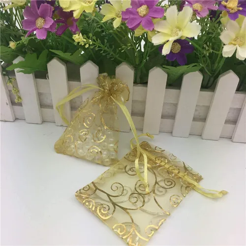 Miniatura 6 de 100 bolsas de regalo de 5 x 7 pulgadas, ratán dorado, tela de tul transparente de organza, bolsas de malla con cordón para regalos de baby shower