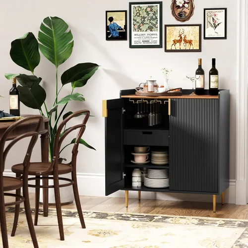 Miniatura 5 de ARTPOWER Aparador Buffet con Textura Acanalada, Gabinete Moderno de Barra de Café con Estante para Vinos y Cajones, Gabinete Negro de Licor