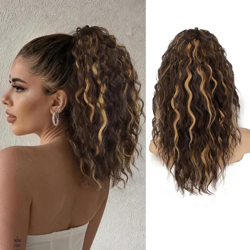 Miniatura 71 de ORSUNCER Extensión de cola de caballo de 18" con pinza rizada, cola de caballo esponjosa, extensiones de pelo sintético de aspecto natural para mujer