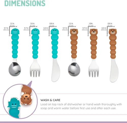 Miniatura 2 de melii Juego de cucharas y cuchillos de alimentación para niños y niños pequeños, acero inoxidable, Bulldog, gato, tiburón, oso, sin BPA, apto