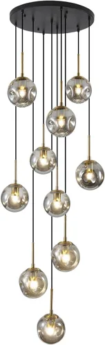 Miniatura 8 de BOKT Lámpara colgante vintage en racimo negro dorado 10 luces globo de vidrio escalera lámpara gris ahumado moderno gran lámpara colgante ajustable