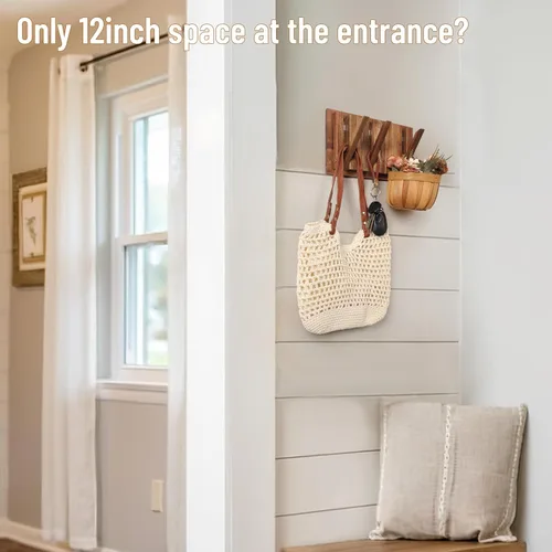 Miniatura 3 de Pequeño Perchero para Apartamento: 10.4 Pulgadas de Madera Rústica con 6 Ganchos de Pared Montable Retractable para Espacios Estrechos, Entrada