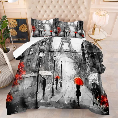 Miniatura 46 de kxry Juego de edredón de París, tamaño Queen, color rosa, Torre Eiffel Sena, ropa de cama estilo francés, edredón de paisaje urbano de París