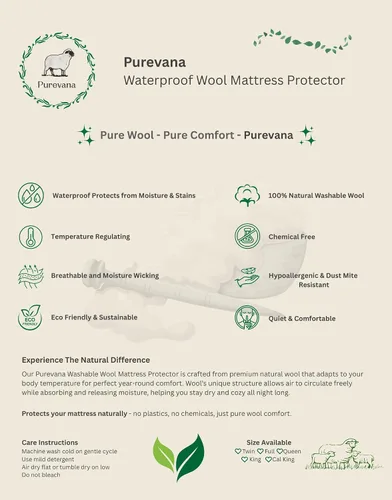 Miniatura 6 de Protector de colchón impermeable con relleno de lana lavable, parte superior de algodón natural, transpirable, regulador de temperatura, absorbe