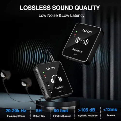 Miniatura 5 de LEKATO MS-1 Sistema de monitor inalámbrico en el oído, monitoreo intrauditivo estéreo de 2.4 GHz con transmisor receptor de clip, uno a muchos, Negro