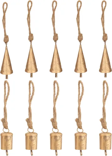 10 campanas rústicas de metal dorado para manualidades, cascabeles de vaca de 3.15 pulgadas con cuerda de yute para manualidades, adornos de árbol