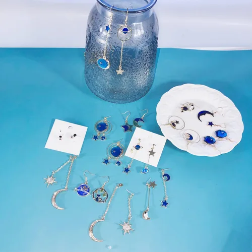 Miniatura 4 de Juego de 12 pares de aretes de luna y estrella del sol, astronauta espacial planeta celestial