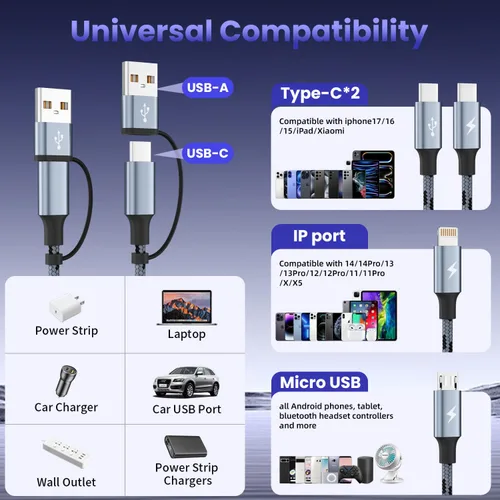 Miniatura 3 de Cable USB C a carga múltiple 3 en 1, cables de carga de viaje para múltiples dispositivos, cable de carga múltiple universal con puerto tipo