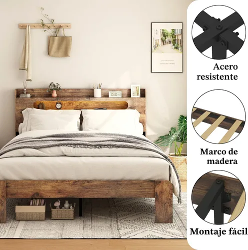 Miniatura 5 de Marco de cama tamaño completo de madera, cabecero con almacenamiento y estación de carga y luces LED, estructura robusta de granja rústica, fácil