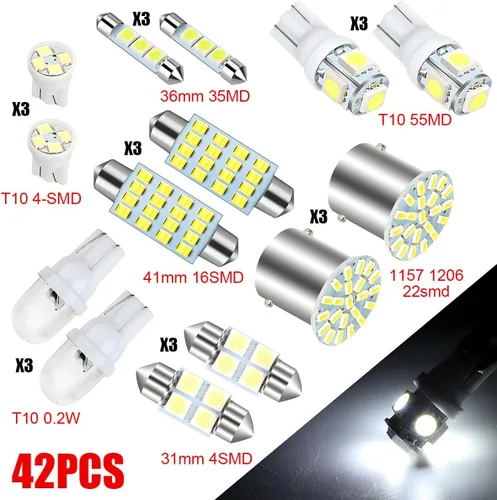 Miniatura 2 de AUCELI 42 piezas de bombillas LED para coche, juego de luces interiores de auto, bombilla de repuesto súper brillante T10 de 31 mm 36 mm 41 mm