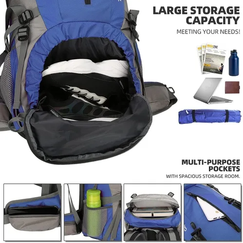 Miniatura 4 de King'sGuard Mochila de senderismo de 70L con cubierta de lluvia, mochila de viaje impermeable ligera para acampar, mochila grande Azul (deepblue)