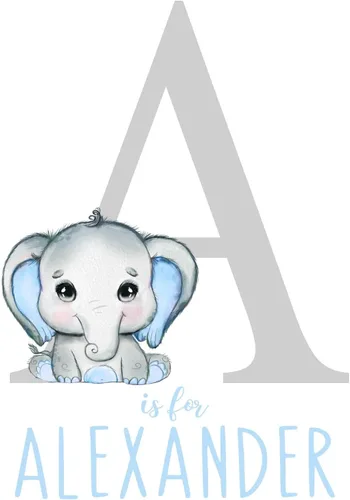 Miniatura 3 de Pixie Paper Decoración personalizada de elefante de acuarela azul para bebé, niño, impresión sin marco, monograma inicial de letra con nombre de bebé