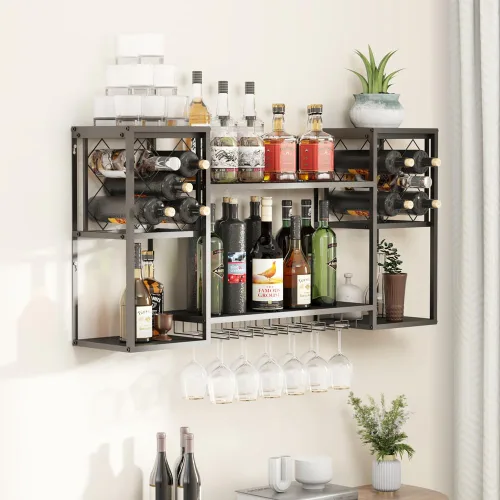 Miniatura 10 de KaKaBB Estante de vino montado en la pared, estantes de metal de 47 pulgadas de 2 niveles con soporte para vidrio, capacidad para 30 botellas y de 6