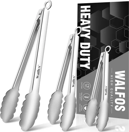 Miniatura 16 de Walfos Pinzas de cocina de acero inoxidable – Pinzas de metal de bloqueo resistentes de 7, 9 y 12 pulgadas para cocinar, asar a la parrilla, juego