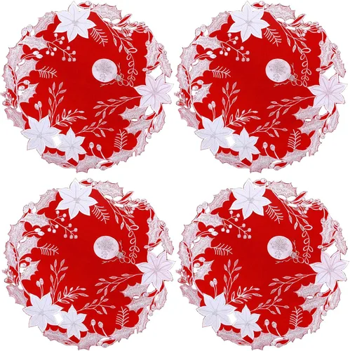 Miniatura 2 de Centros de mesa bordados navideños con diseño de flor de Pascua, redondos, juego de 4 (flor de Pascua C)
