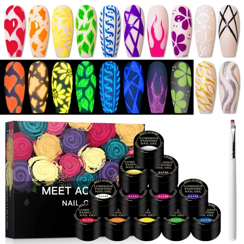 Kit de pintura que brilla en la oscuridad para arte de uñas, 12 colores neón luminoso, colores fluorescentes brillantes, amarillo, verde, azul,