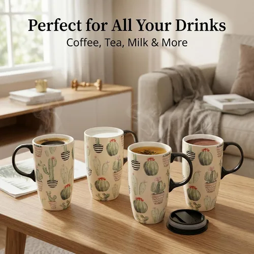 Miniatura 6 de Topadorn Taza de café de cerámica de 17 onzas con tapa, taza de cactus bohemio de acuarela, bonita taza de té de porcelana suculenta, apta