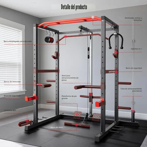 Miniatura 9 de Sportsroyals Jaula de Potencia, Rack de Potencia Multifuncional de 1600 libras con Sistema de Cruce de Cable Ajustable y Más Accesorios de Rojo