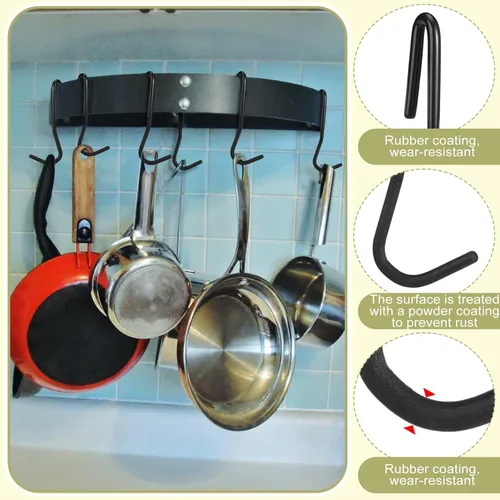 Miniatura 3 de MorningRo 12 ganchos para ollas, ganchos en S de metal negro de 5 pulgadas para ollas y sartenes, ganchos en ángulo de giro de 90 grados para colgar