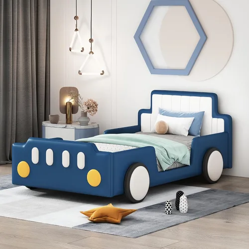 Miniatura 10 de Cama de plataforma en forma de auto de carreras de tamaño individual con ruedas y almacenamiento, base de cama de plataforma de madera maciza