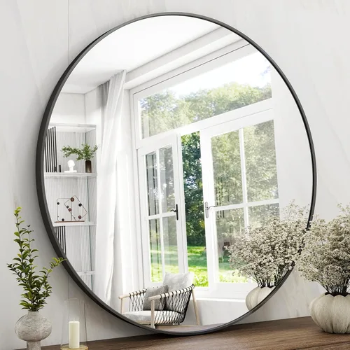 Miniatura 14 de Espejo redondo de baño de 24 pulgadas, espejo circular montado en la pared con marco de metal, espejo moderno adecuado para baño, tocador, entrada