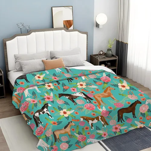 Miniatura 3 de Manta con estampado de caballos, con patrón de caballos y flores, para niñas, niños y adultos, súper cálida, suave y acogedora, manta de franela