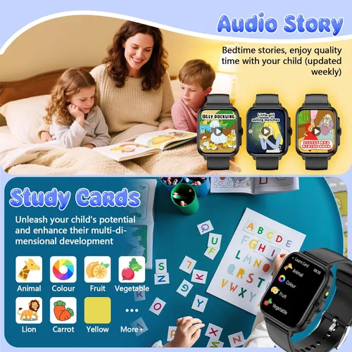 Miniatura 8 de Reloj inteligente para niños, rastreador de actividad física de 1.85 pulgadas con cámara, juegos, música, SOS, AI, reloj despertador, video, control