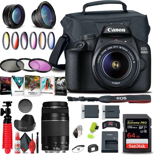 Canon Cámara DSLR EOS 4000D/Rebel T100 con lente de 0.709-2.165 in, lente EF 2.953-11.811 in, tarjeta de memoria de 64GB, kit de filtro de color,
