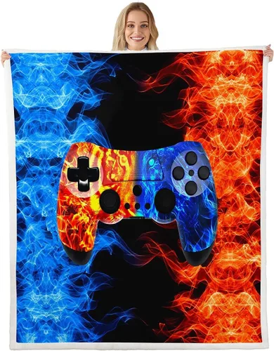 Miniatura 24 de Erosebridal Manta de cama para niños con estampado de consola de videojuegos moderna, manta de felpa suave con botones de acción rosa y azul, manta