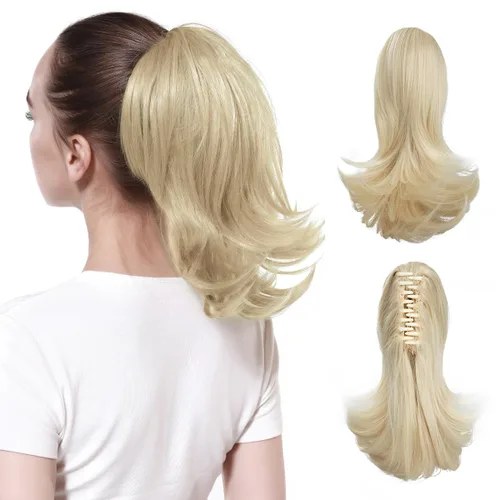 Miniatura 8 de CJL HAIR - Extensión de cola de caballo con clip de garra corto, cordón elástico, cabello rizado falso, balayage, pieza de cabello sintético, fibra