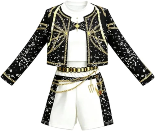 Vestido con detalle de cadena brillante para niñas, traje de rendimiento inspirado en la moda K-pop para niñas