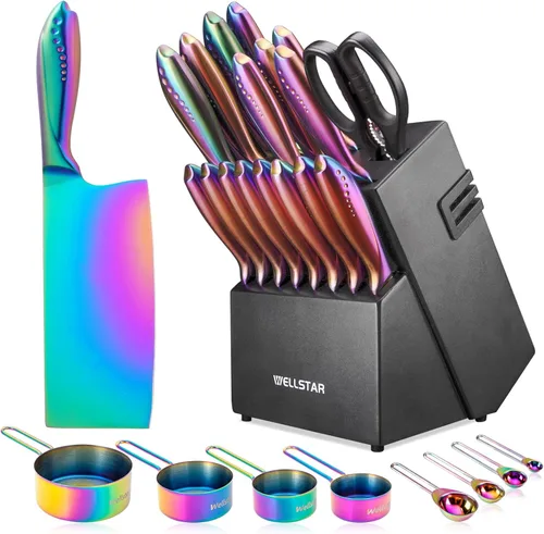 Miniatura 10 de WELLSTAR Juego de cuchillos arcoíris de 8 piezas, juego de cuchillos de cocina de acero inoxidable alemán iridescente con bloque de madera, Juego