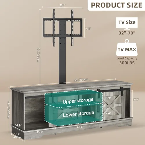 Miniatura 2 de YITAHOME Soporte de TV de granja para sala de estar con soporte, centro de entretenimiento con 3 ajustes de altura para televisores de 32 a 70 Gris