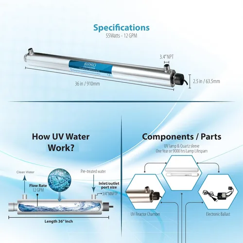 Miniatura 2 de Sistema purificador de filtro de agua de pozo con luz ultravioleta UV de 55W más sedimentos y carbón para óxido, hierro, arena, suciedad