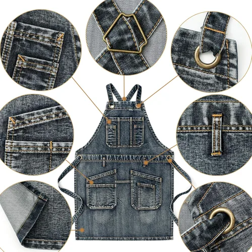 Miniatura 3 de Jeanerlor - Delantal de peluquería de trabajo estilo lavado con bolsillos para mujeres y hombres gris azulado