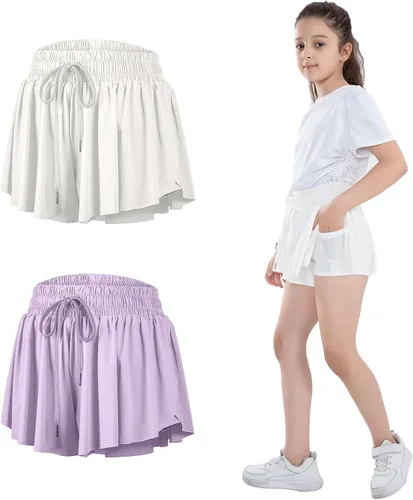 Paquete de 3 pantalones cortos fluidos para niñas con bolsillos, 2 en 1, faldas de mariposa fluidas para jóvenes, pantalones cortos para correr,