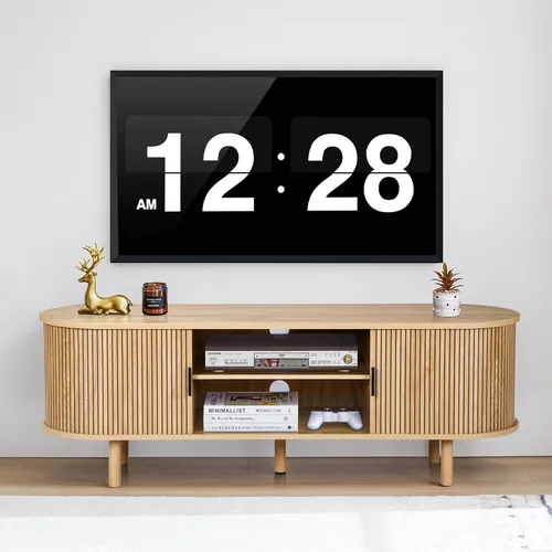 Janmer Home Soporte de TV acanalado de 54 pulgadas con almacenamiento, consola de TV moderna de mediados de siglo con puertas correderas Tambour,