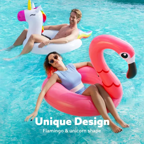 Miniatura 2 de SLOOSH Paquete de 2 flotadores inflables de flamenco de unicornio para piscina, decoraciones de fiesta de natación, divertidos flotadores, tubos