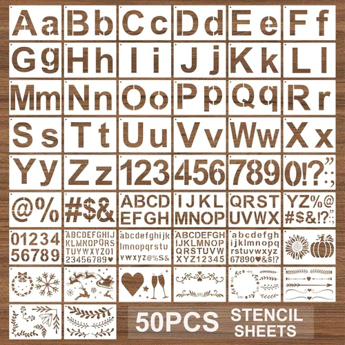 BAMIDELE Plantillas de letras para pintar sobre madera, 50 plantillas de dibujo del alfabeto con números, letreros, flores, plantillas de plástico