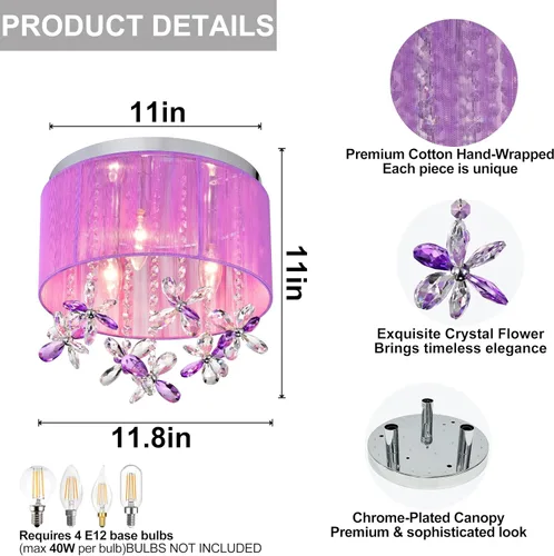 Miniatura 6 de LaLuLa Candelabro de cristal morado para dormitorio de niñas, lámpara de techo E12 de 3 luces, pantalla de cuerda de algodón hecha a mano, elegante