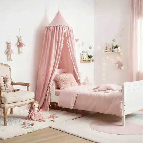 Miniatura 2 de LOAOL Toldo de cama con pompón para niños, cubierta de red para cuna, cortina para cuna, rincón de lectura, tienda de campaña colgante, guardería