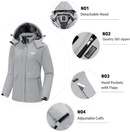 Miniatura 4 de Wantdo - Chaqueta de esquí impermeable para mujer, abrigo de invierno cálido y resistente al viento, abrigos de nieve