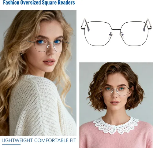 Miniatura 6 de Gafas de lectura cuadradas de gran tamaño para mujer, lectores grandes con bloqueo de luz azul, lentes de metal antifatiga ocular